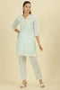 Mint Blue  Cotton Hacoba Style Neck-Embroidered Kurta Set