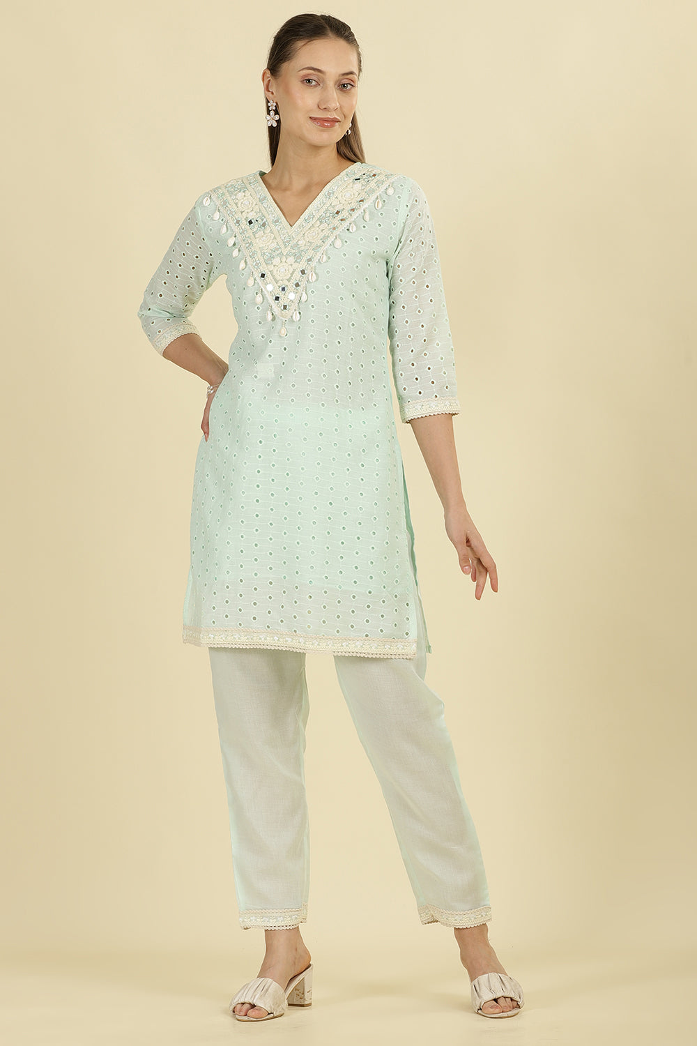 Mint Blue  Cotton Hacoba Style Neck-Embroidered Kurta Set