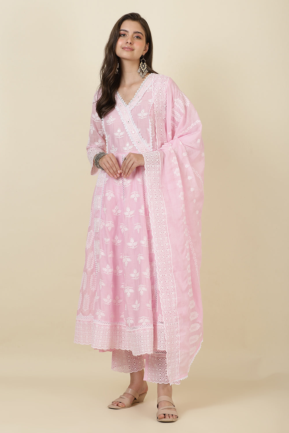 Pink Cotton Resham Embroidered and Lace Work Anarkali Suit