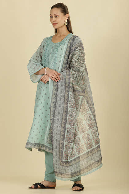 Mint Green Cotton Floral Printed And Neck-EmborideredUnstitched Suit Material