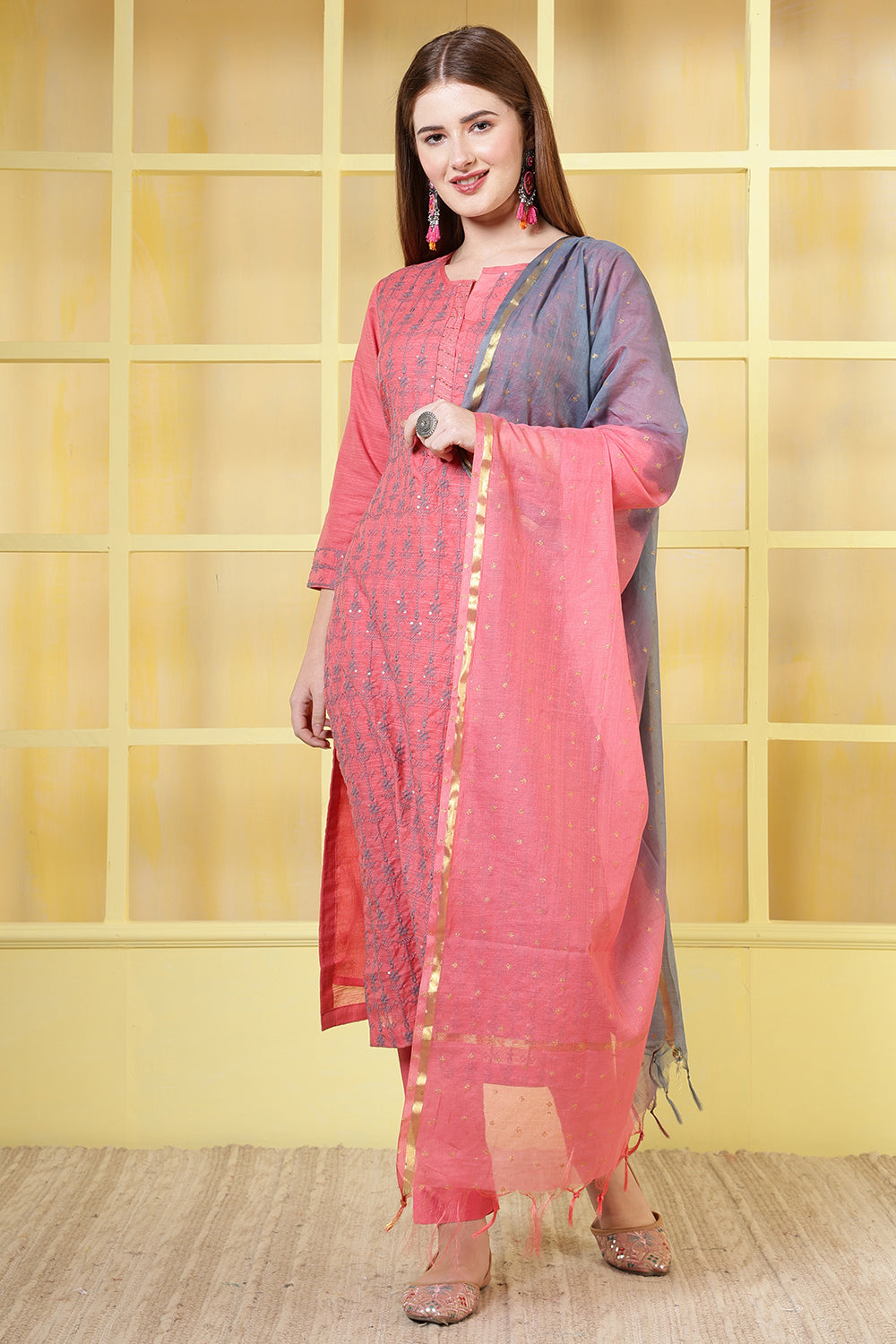 Coral Pink Chanderi Cotton Resham Embroidered Suit