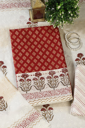 Maroon Cotton Woven And Lace Work Unstitched Suit Material
