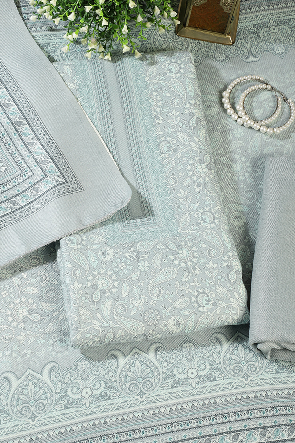 Light Turquoise Digital Printed Pashmina Unstitched Suit Material