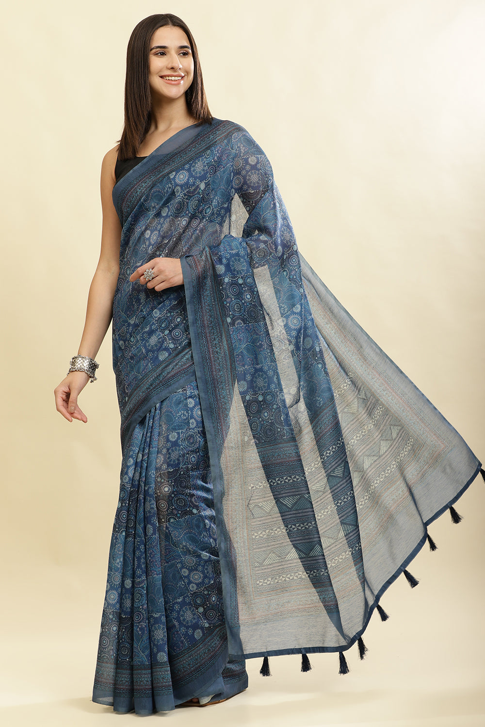 Blue Cotton Silk Printed Saree