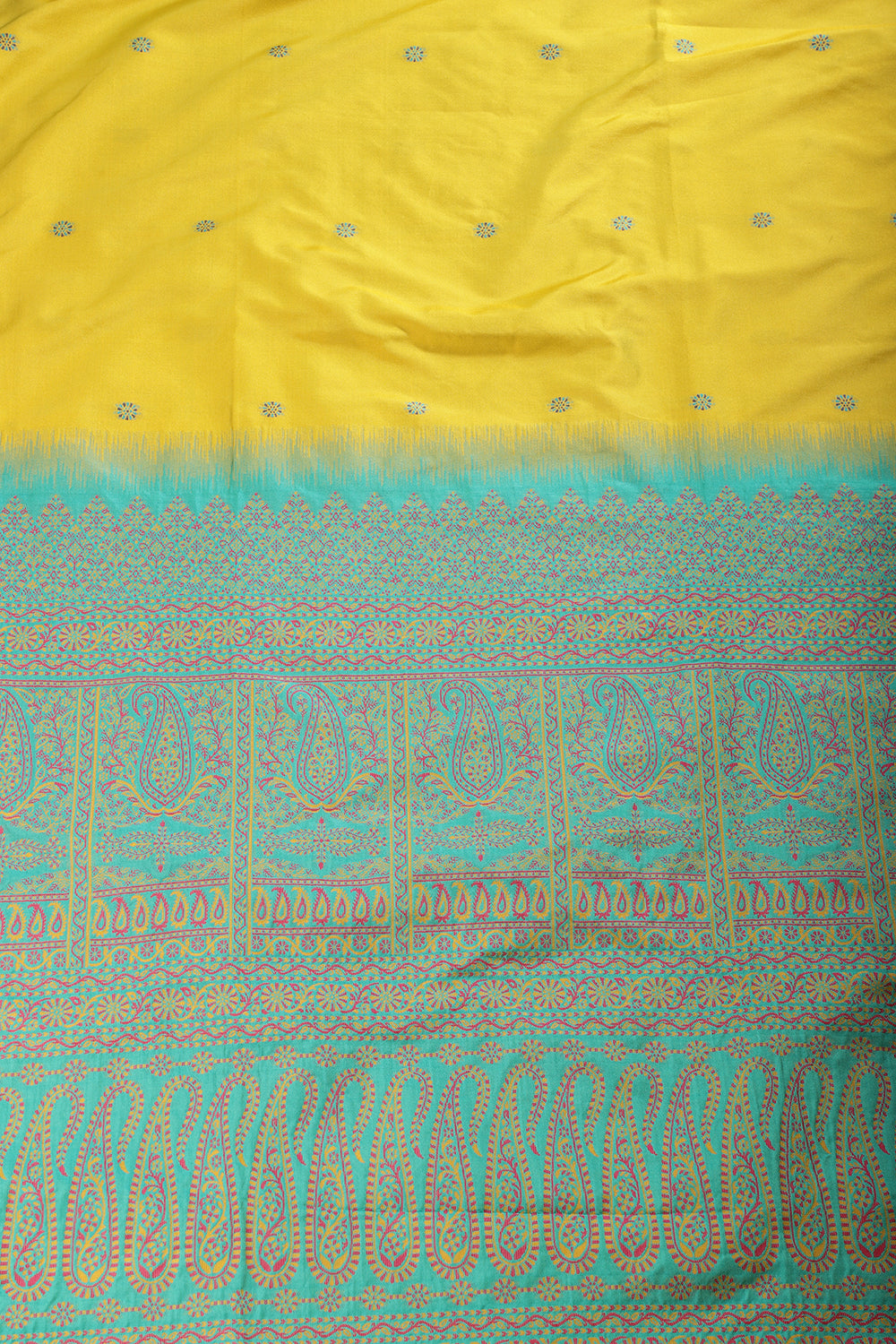 Lemon Yellow & Teal Green Silk Resham And Zari Woven Saree