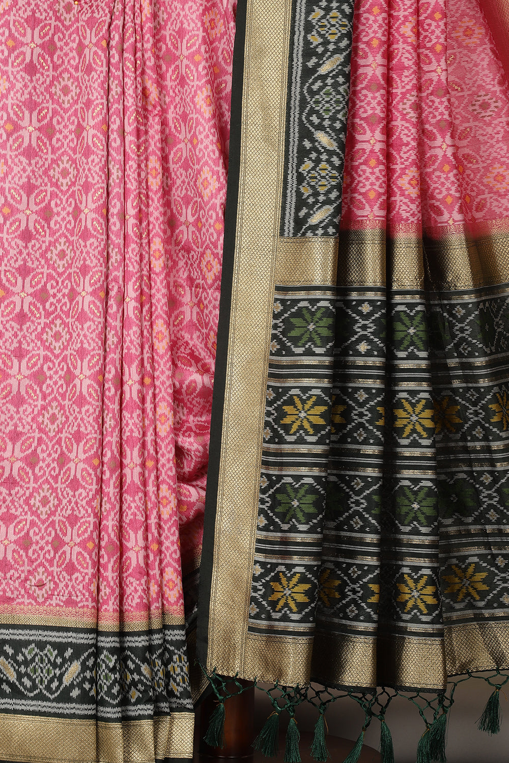 Dusty Pink & Green Dual Toned Tussar Silk Patola Woven Saree