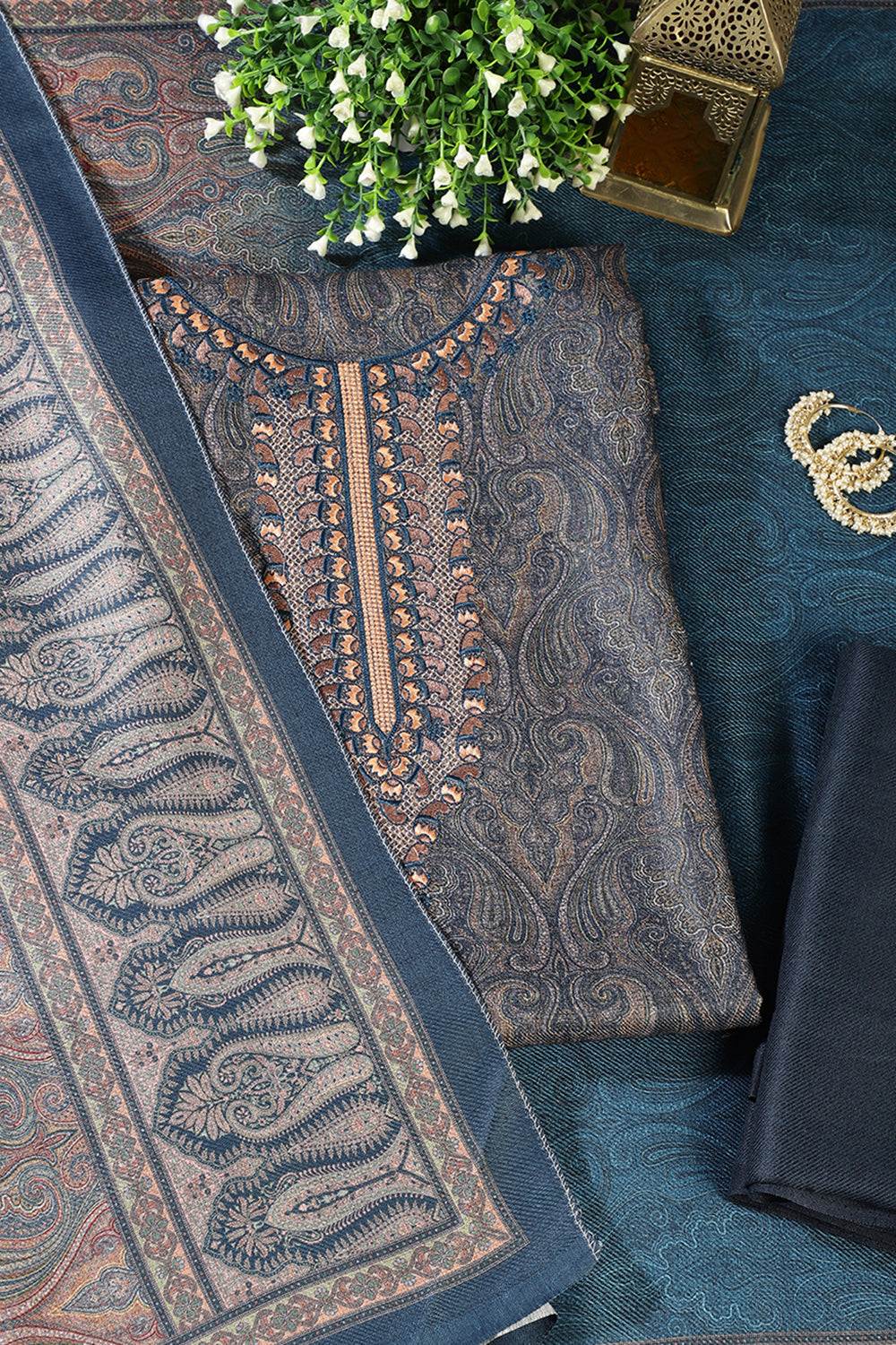Navy Pashmina Printed And Neck Embroidered Unstitched Suit Material