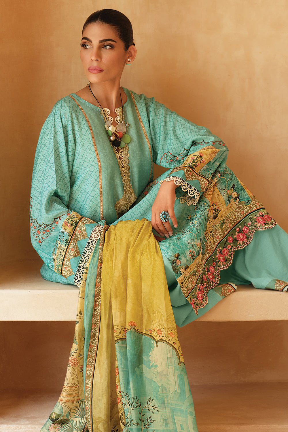 Turquoise Color Muslin Printed Unstitched Suit Material