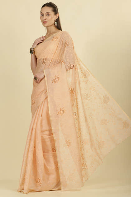 Light Peach Floral Resham Embroidered Cotton Saree