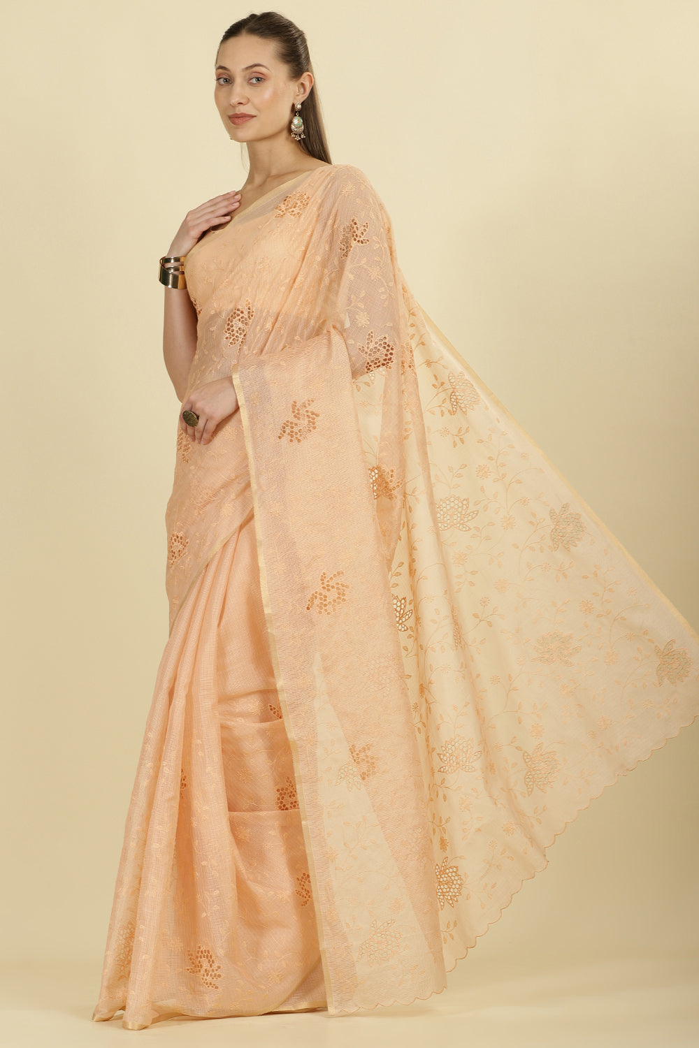 Light Peach Floral Resham Embroidered Cotton Saree