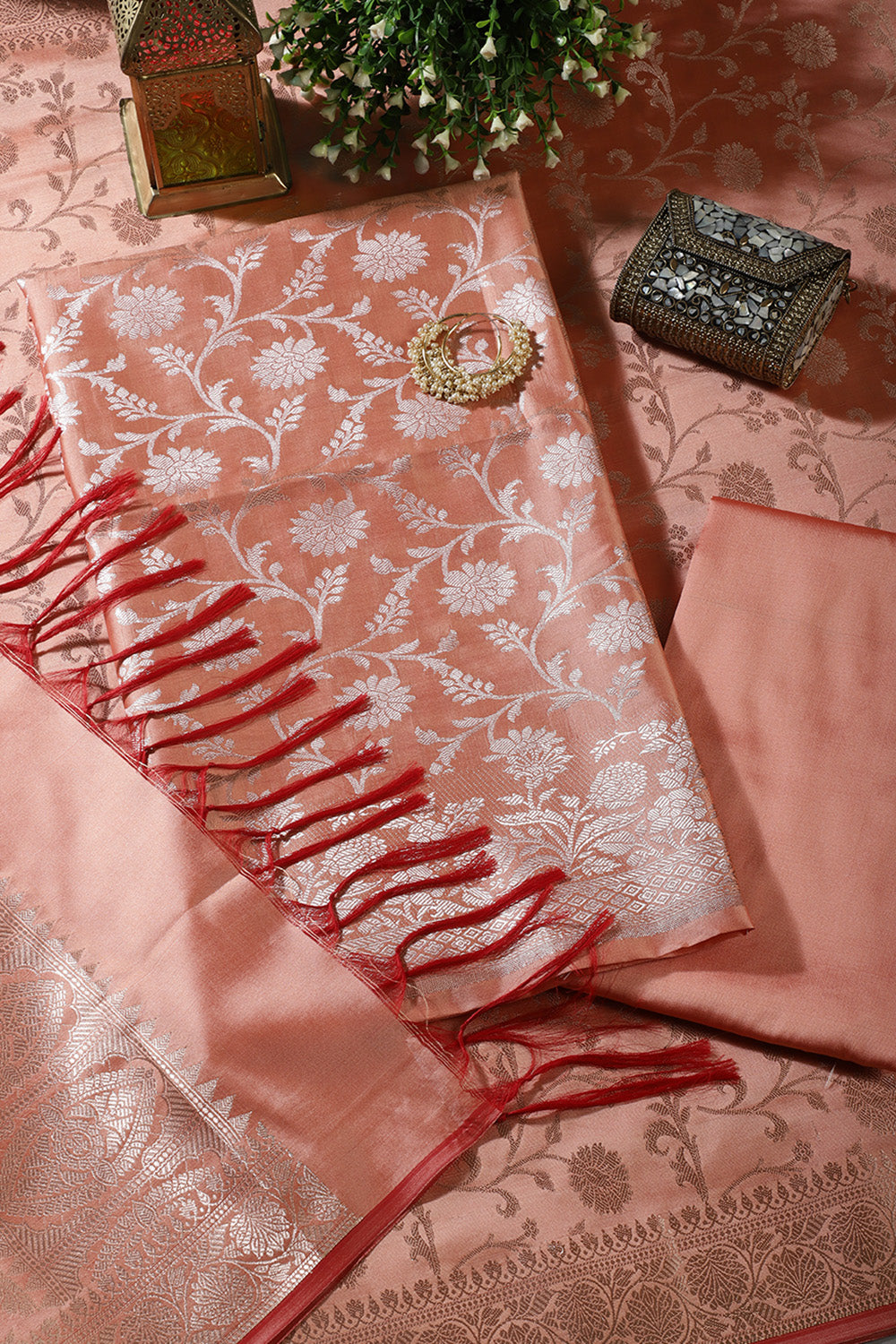 Peach Zari Floral Woven Silk Unstitched Suit Fabric