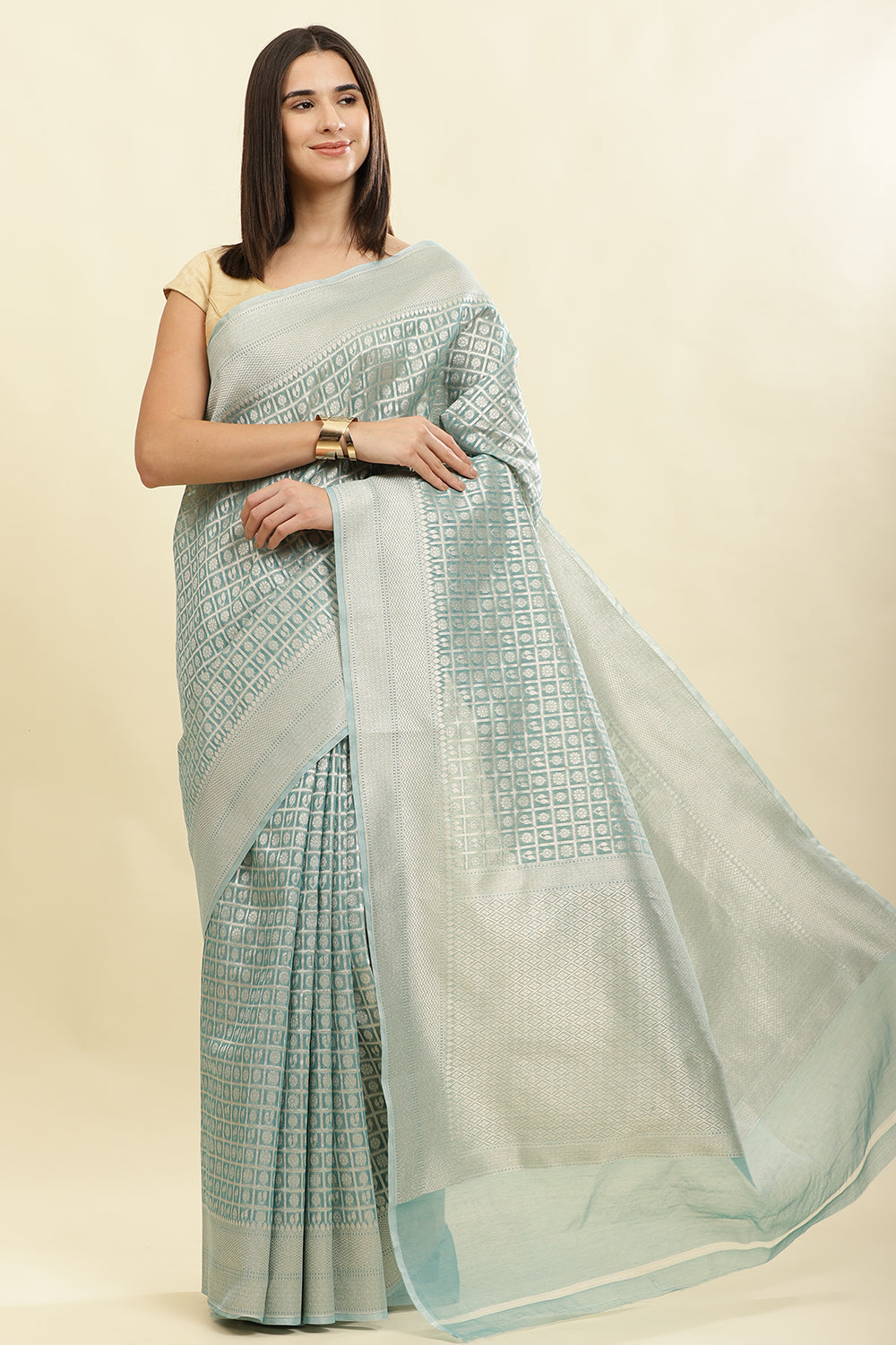 Turquoise Chanderi Silk Zari Weaving Saree