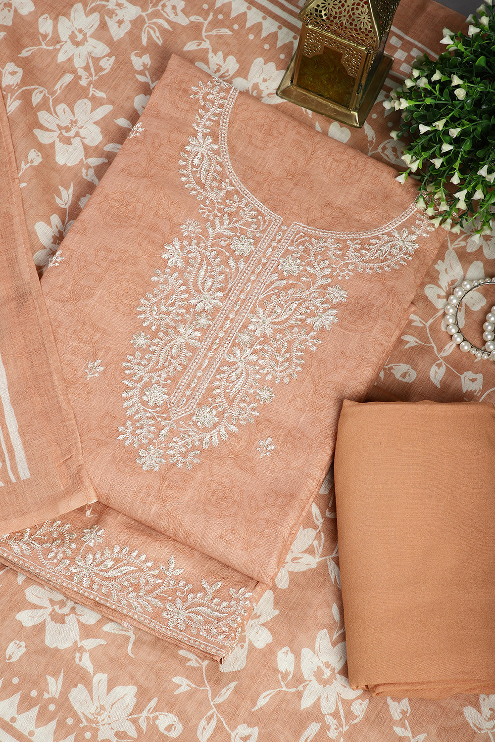 Peach Color Linen Embroidery Self Print Unstitched Suit Material