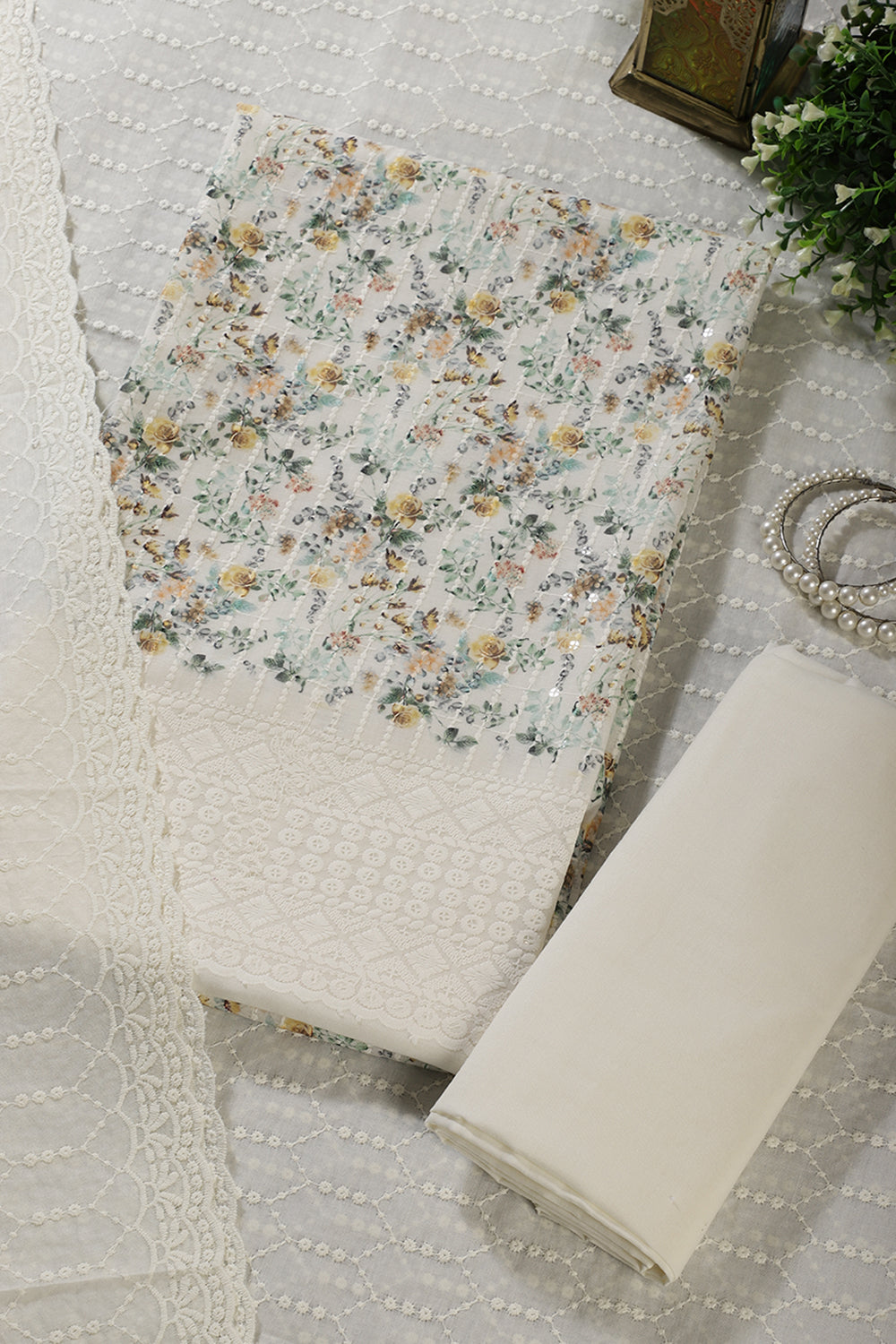 Cream & Mustard Cotton Chikankari Work Floral Printed Unstitched Suit