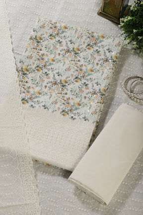 Cream & Mustard Cotton Chikankari Work Floral Printed Unstitched Suit