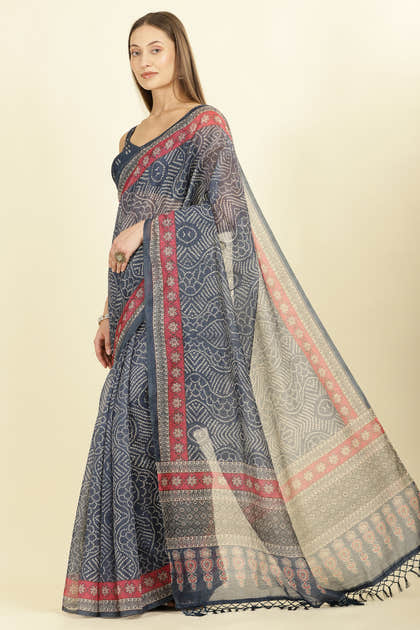 Navy Bandhani Printed Cotton Saree