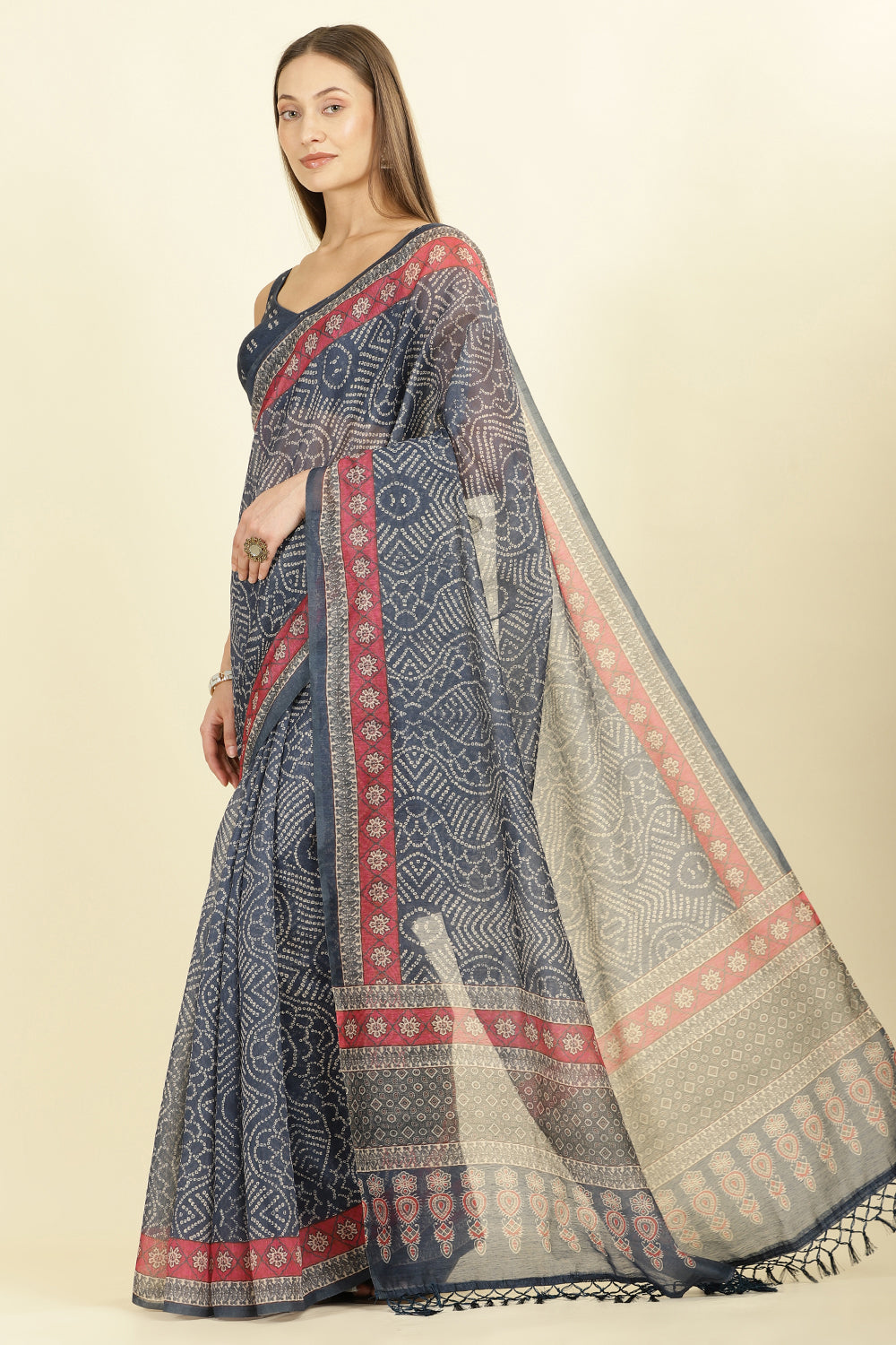 Navy Bandhani Printed Cotton Saree