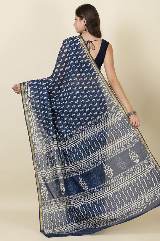 Indigo Blue Block Printed Cotton Saree
