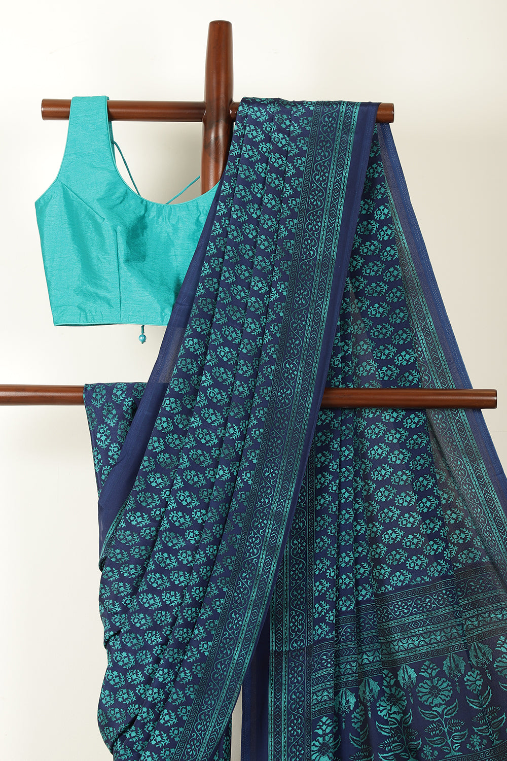 Navy & Teal Floral Printed Crepe Saree