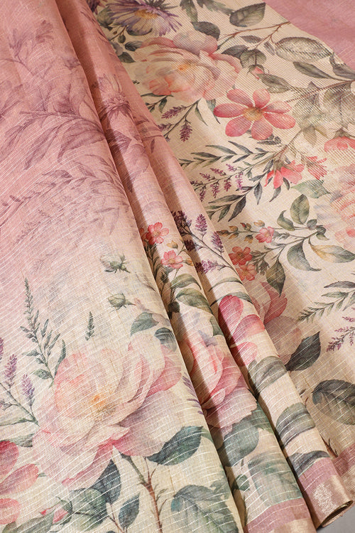 Beige & Pink Metallic Tissue Floral Printed Saree