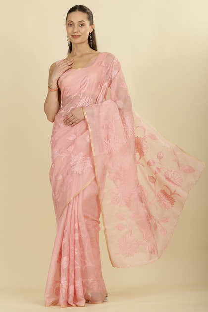 Pink Cotton Floral Resham Embroidered Saree