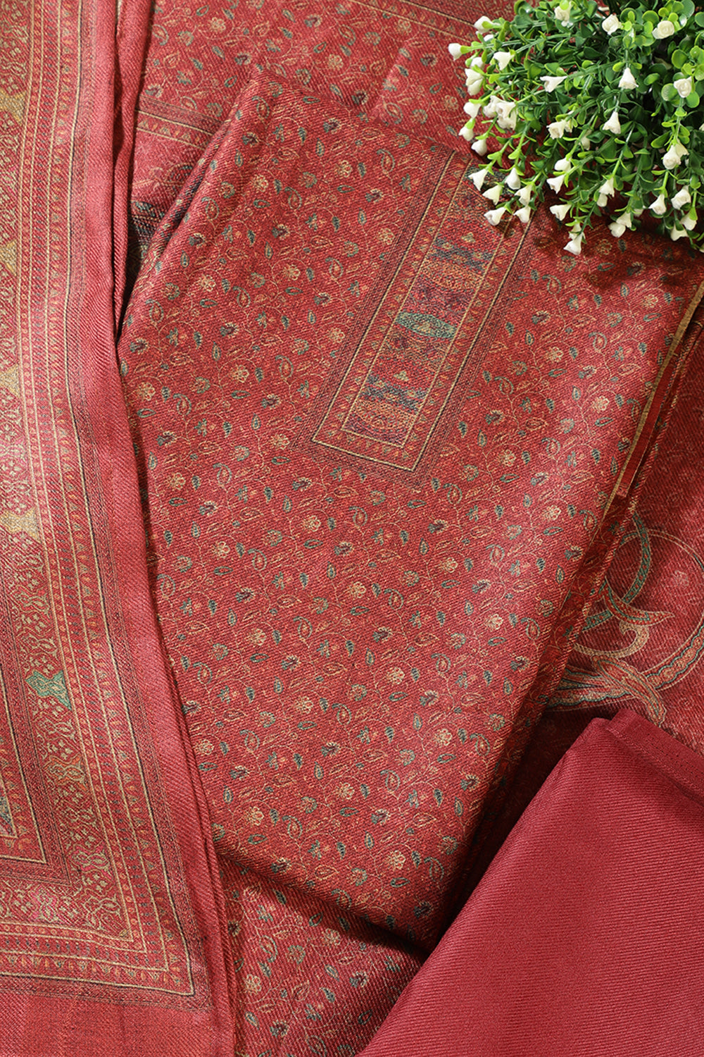 Maroon Pashmina Floral Printed Unstitched Suit Material