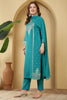 Turquoise Color Cotton Silk Printed & Neck Embroidered Suit