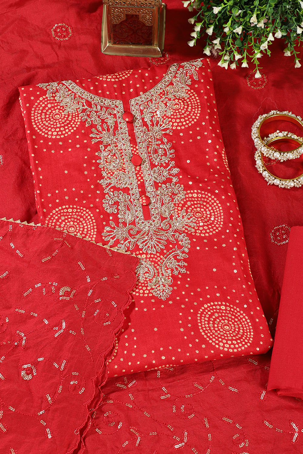 Red Cotton Bandhani Printed & Neck Embroidered Unstitched Suit