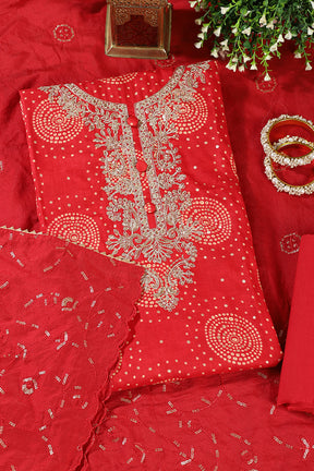 Red Cotton Bandhani Printed & Neck Embroidered Unstitched Suit