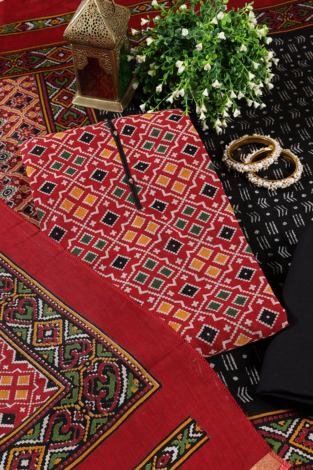 Maroon Printed Ikkat Cotton Unstitched Suit Material