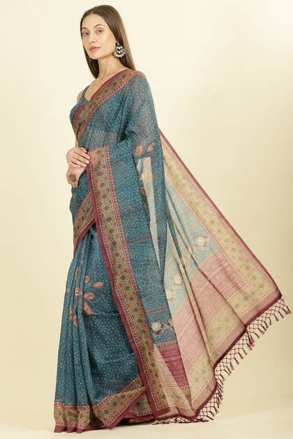 Blue Organza Cotton Bandhani Block Printed Saree