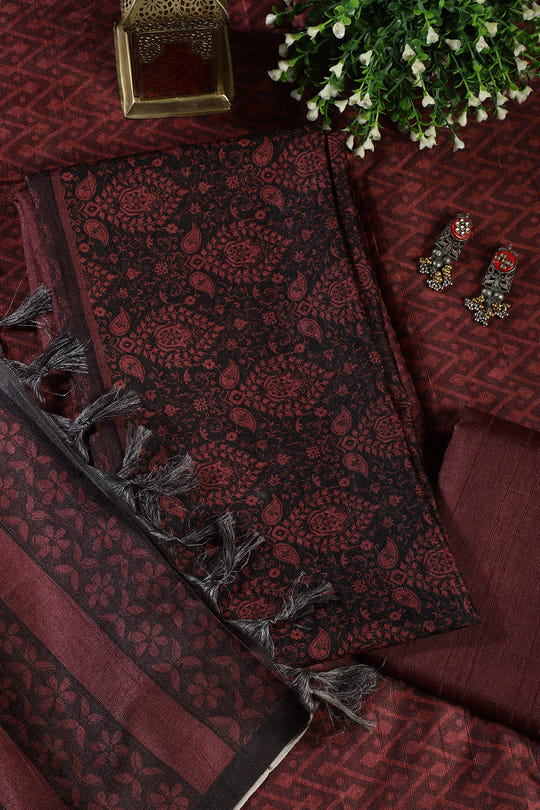 Maroon And Black Digital Printed Chanderi Cotton Unstiched Suit Material