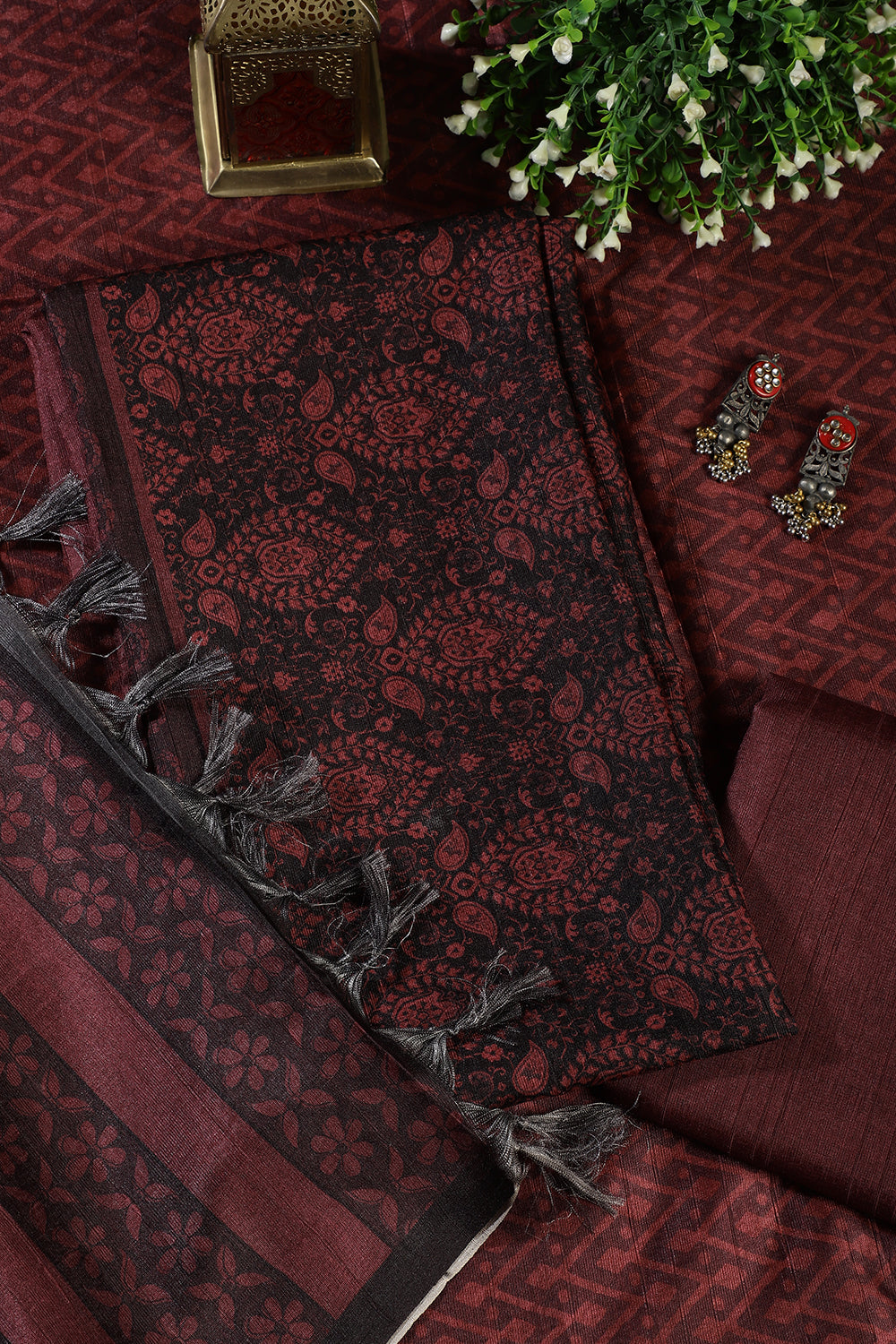 Maroon And Black Digital Printed Chanderi Cotton Unstiched Suit Material