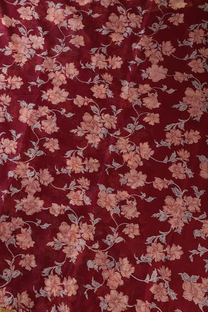 Dark Scarlet Zari Border & Floral Printed Chiffon Saree
