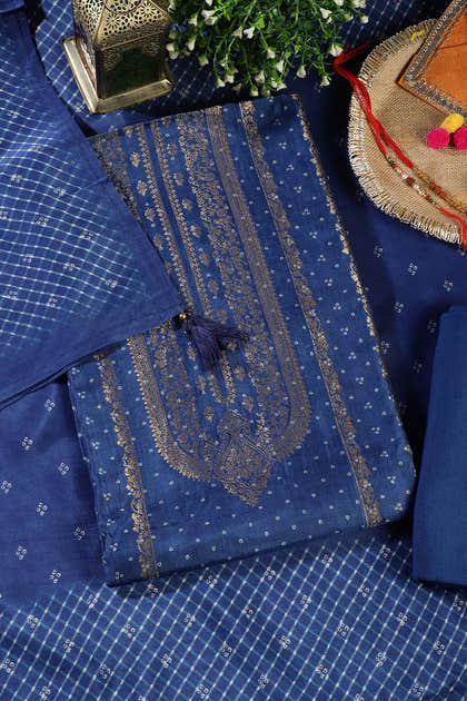 Royal Blue Zari Woven And Bandhani Printed Silk Unstitched Suit Fabric