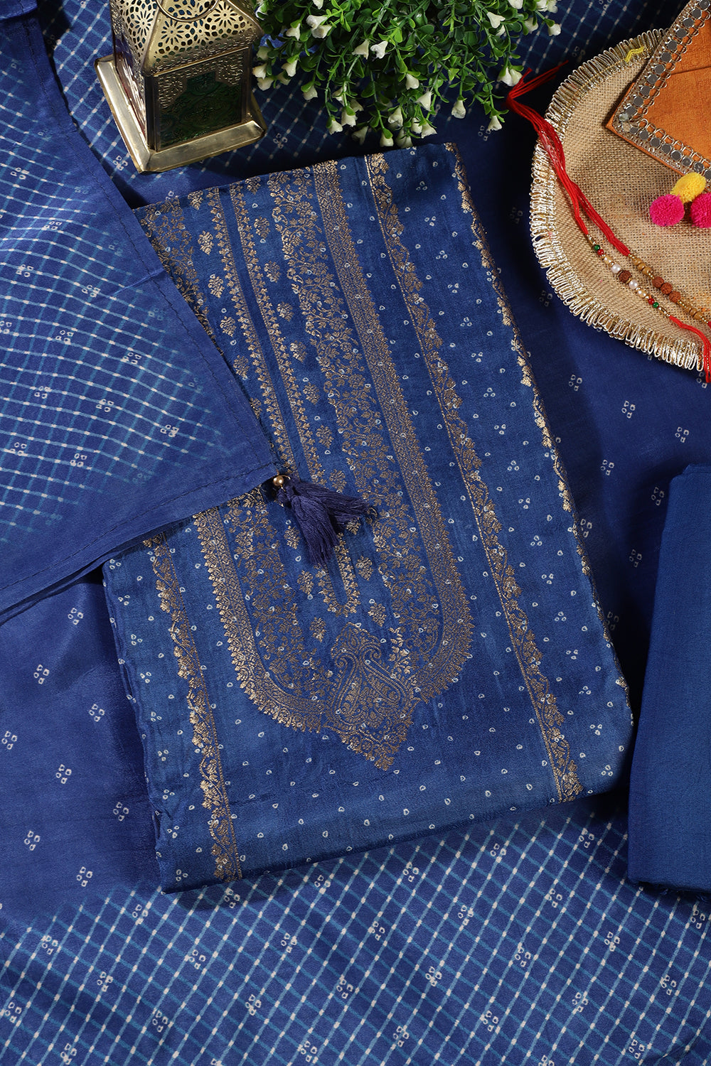 Royal Blue Zari Woven And Bandhani Printed Silk Unstitched Suit Fabric