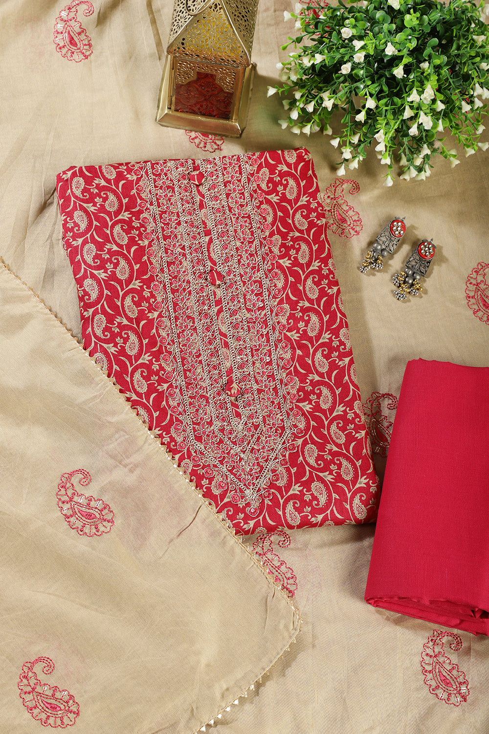 Cardinal Red Cotton Digital Buta-Printed & Neck Embroidered Unstitched Suit
