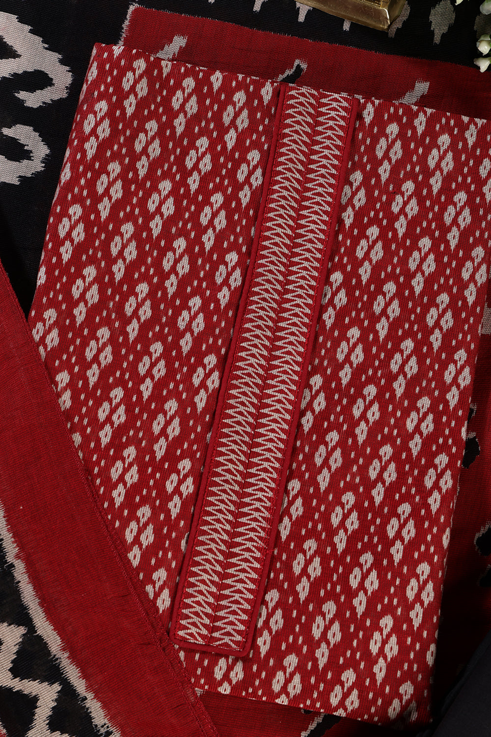 Maroon Ikkat Cotton Printed Unstitched Suit Material