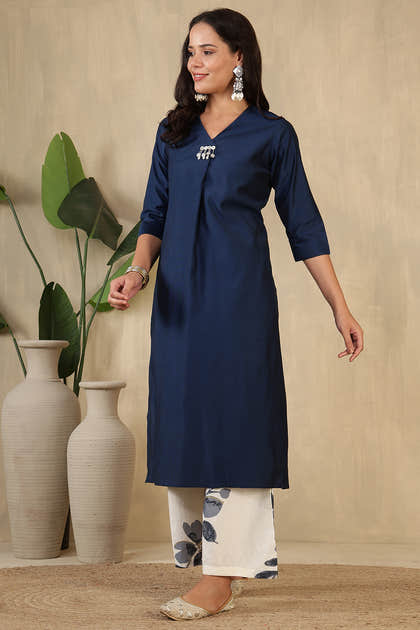 Navy Chanderi Cotton Kurta Set