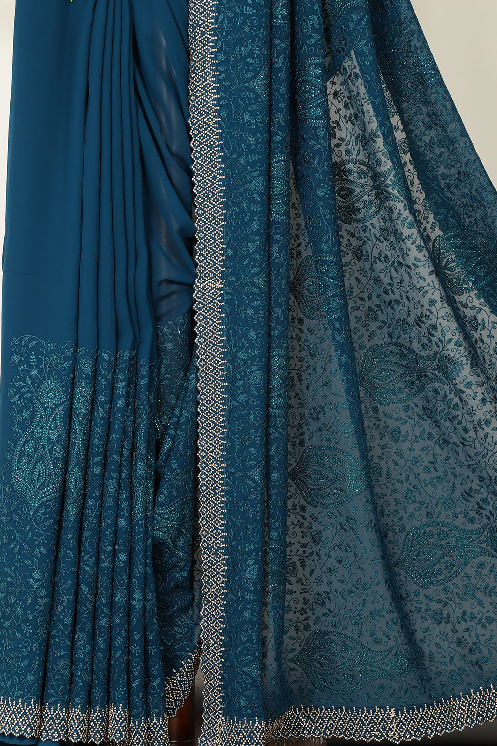 Nile Blue Georgette Resham Floral Jal Woven And Swarovski Work Saree