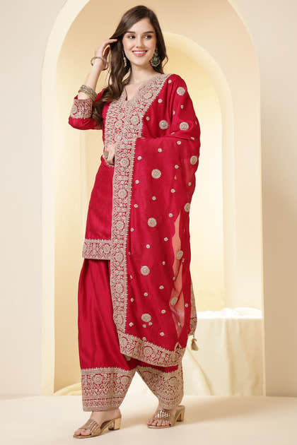 Rani Silk Zari Embroidered Suit With Farsi Salwar