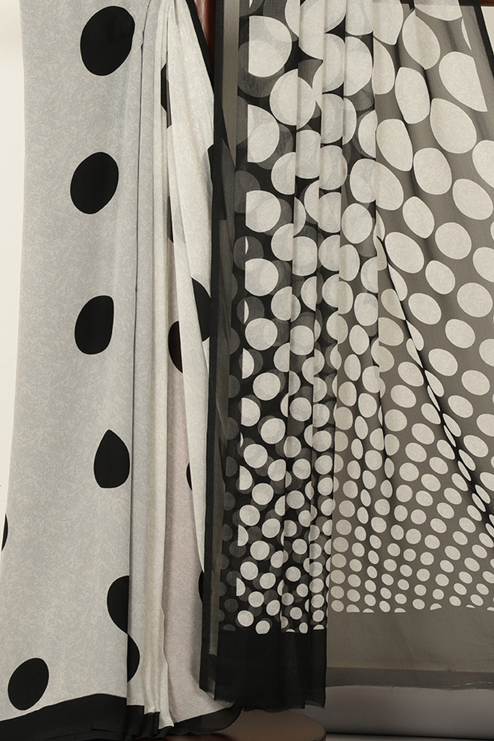 Grey & Black Polka Dot Printed Georgette Saree