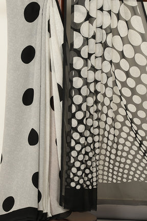 Grey & Black Polka Dot Printed Georgette Saree