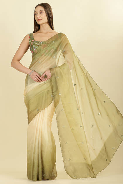 Ombre Olive Green Organza Saree With Mirror Work