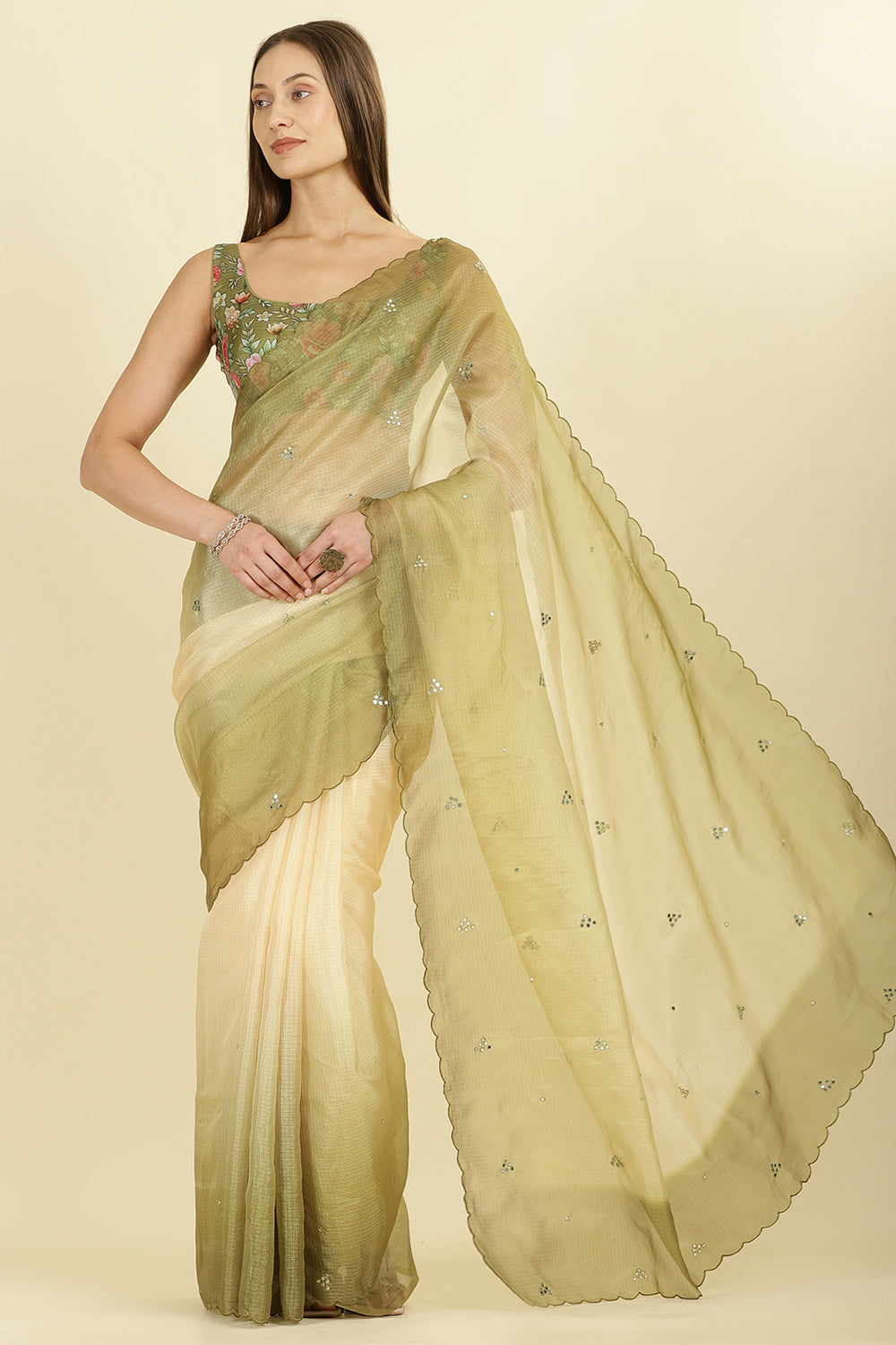 Ombre Olive Green Organza Saree With Mirror Work