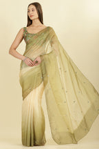 Ombre Olive Green Organza Saree With Mirror Work