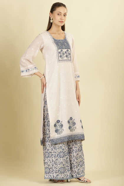 Cream & Blue Cotton Printed Unstitched Suit Material