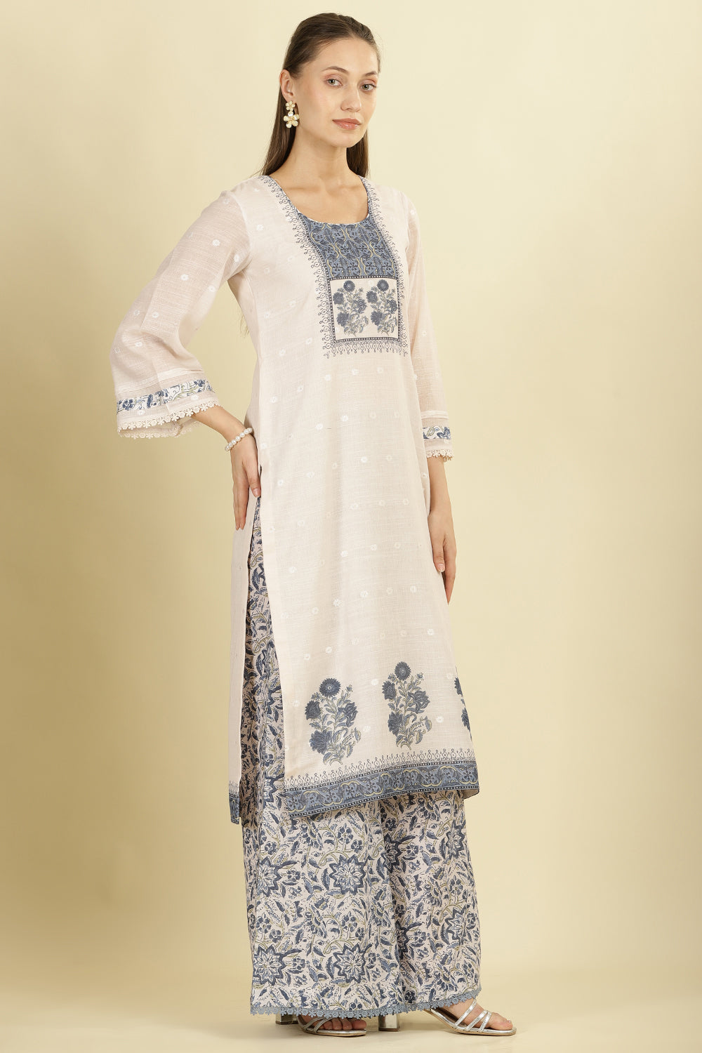 Cream & Blue Cotton Printed Unstitched Suit Material