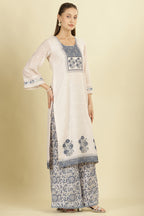 Cream & Blue Cotton Printed Unstitched Suit Material