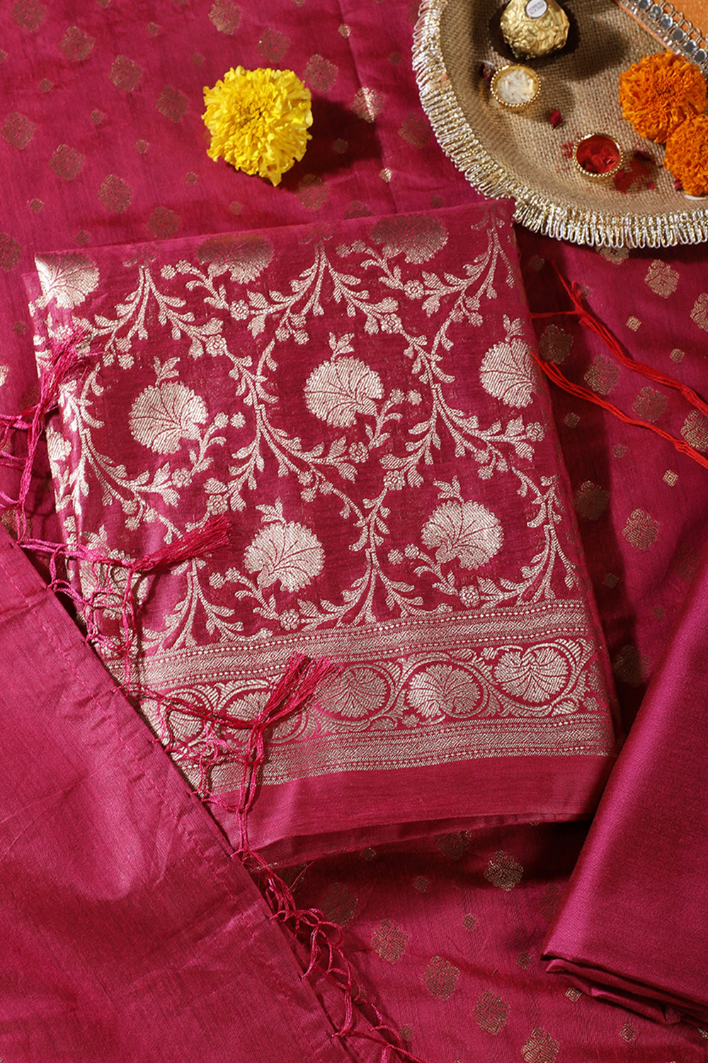Magenta Pink Colour Zari Woven Silk Unstitched Suit Fabric